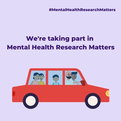 Graphic of multi-racial group of people in car captioned We're taking part in Mental Health Research Matters