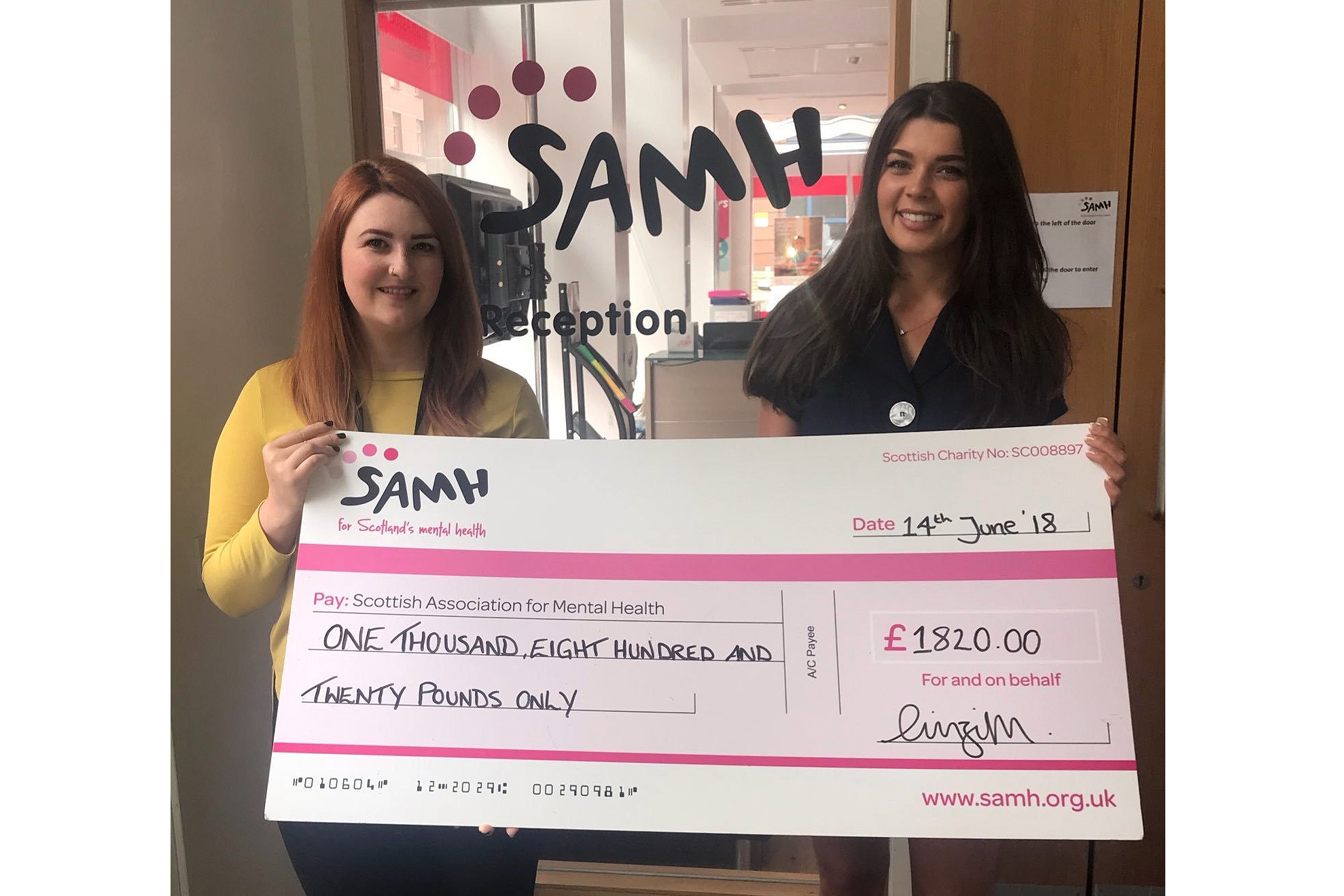 Miss Scotland Linzi McLelland presenting a cheque to the Scottish Association for Mental Health (SAMH) earlier this year