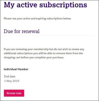 Screenshot of the Active subscriptions page