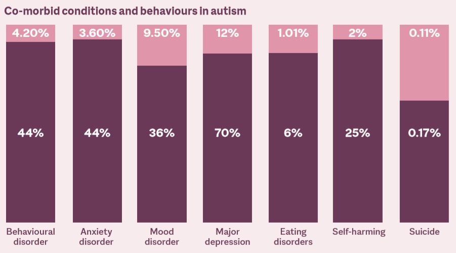 Bar chart titled Co-morbid conditions and behaviours in autism. Columns show Behavioural disorder 44% to 4.2%; Anxiety disorder 44% to 3.6%; Mood disorder 36% to 9.5%; Major depression 70% to 12%; Eating disorders 6% to 1.01%; Self-harming 25% to 2%; Suicide 0.17% to 0.11%