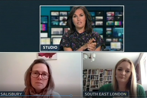 Our members Jacqui Cheetham (left) and Clare Cox (right) discussed outdoor therapy with Nina Hossain (top) on the ITV Lunchtime News
