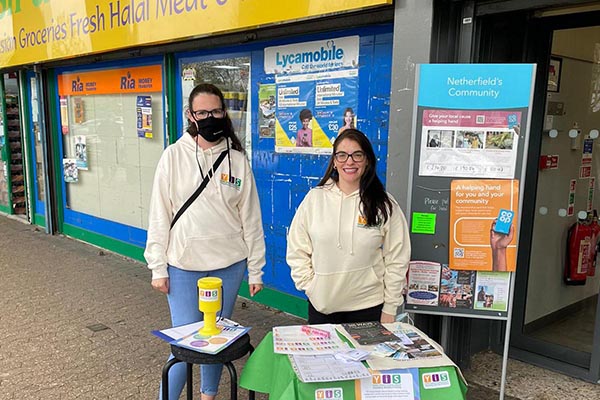 YiS colleagues Toni Moch and Charlotte Carr at an outreach event outside a Co-Op store in Milton Keynes