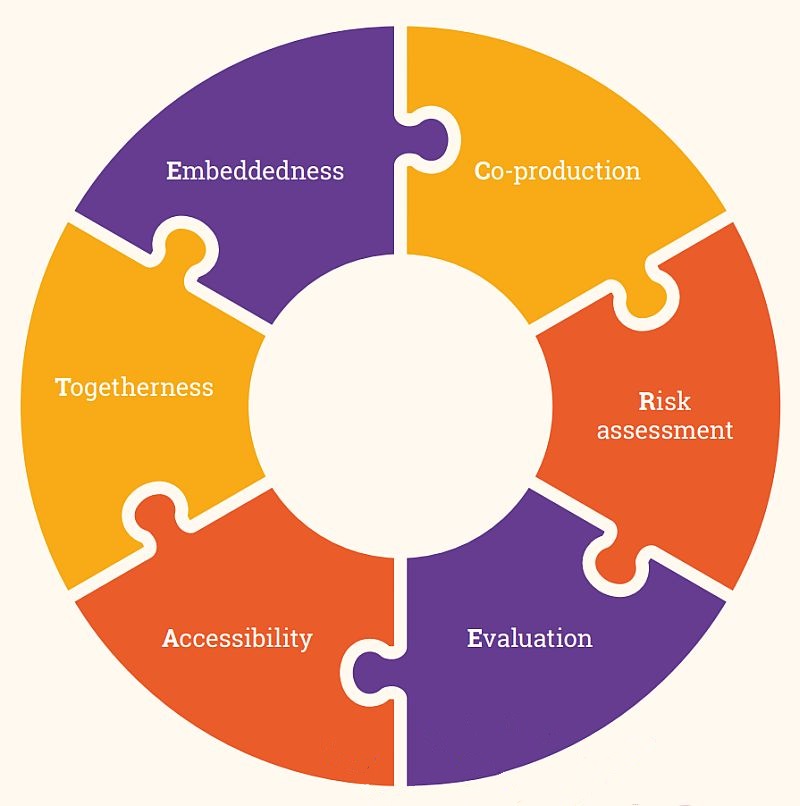 Circle of interlocking jigsaw pieces showing Co-production, Risk assessment, Evaluation, Accessibility, Togetherness and Embeddedness