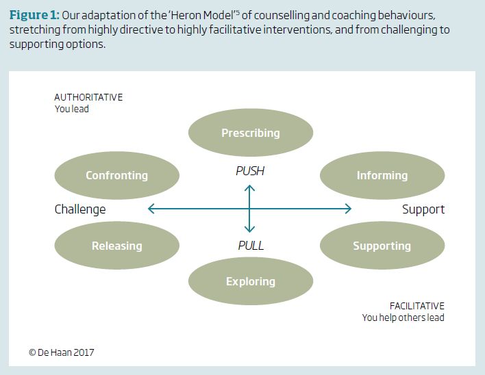 Figure 1: Our adaptation of the ‘Heron Model’ 5 of counselling and coaching behaviours, stretching from highly directive to highly facilitative interventions, and from challenging to supporting options.