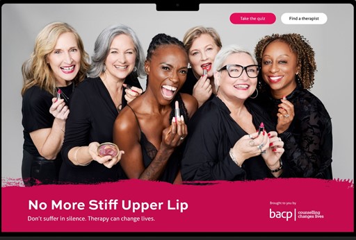 No More Stiff Upper Lip microsite home page with image of six women holding lipsticks and smiling