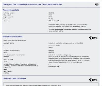 Screen shot of Direct Debit instruction