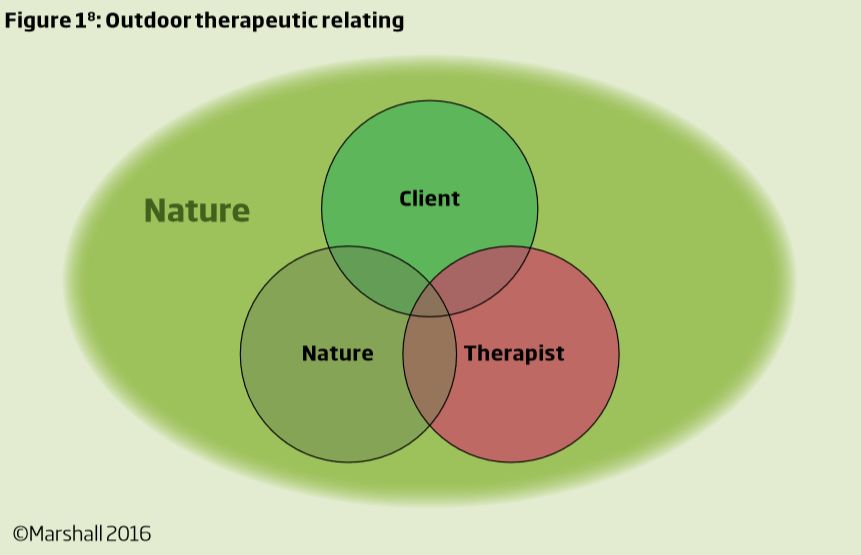 Figure 1: Outdoor therapeutic relating - three overlapping circles showing Client, Therapist and Nature contained within a Nature elipse