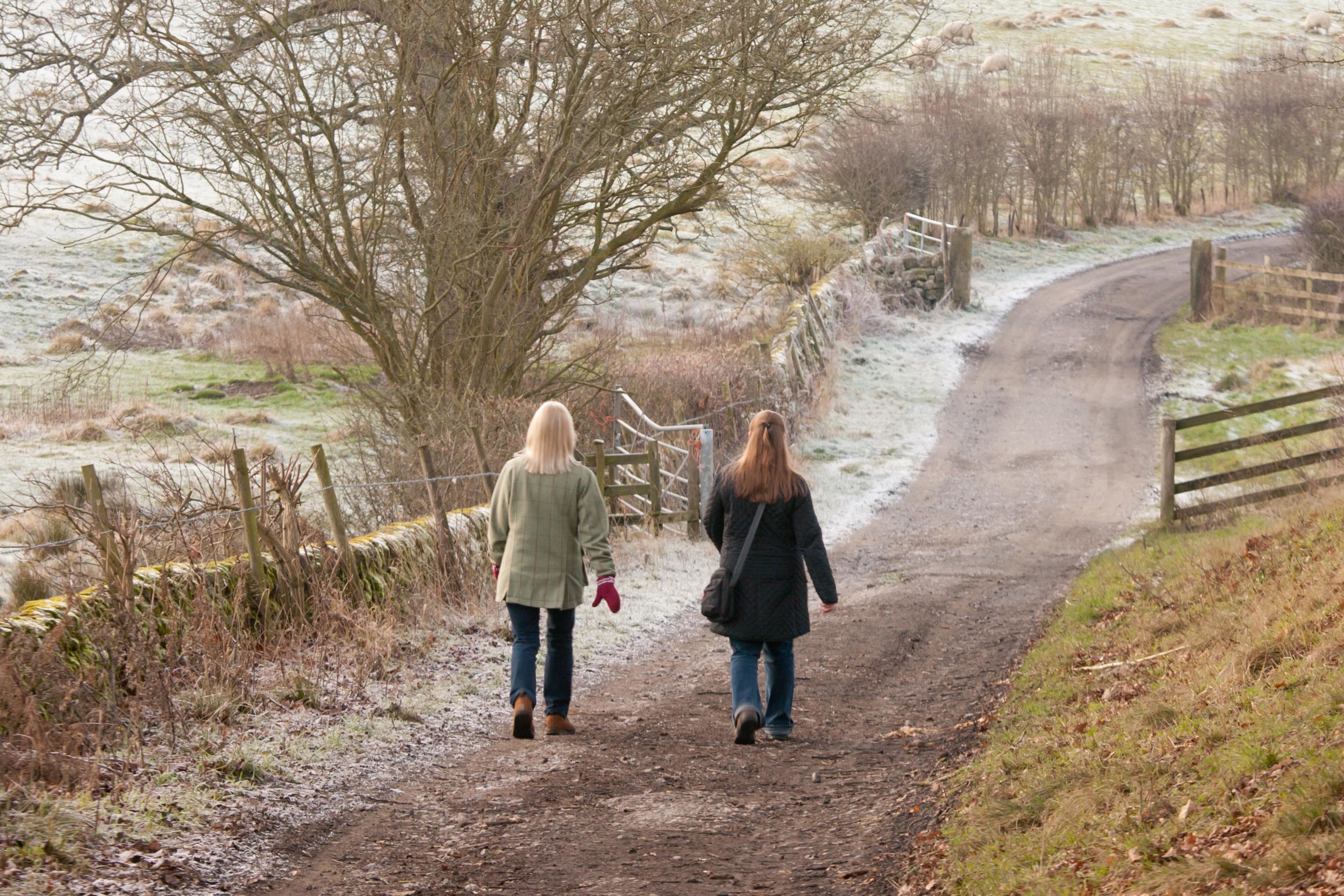 Decided to the countryside. Charlotte friend to the countryside. Charlotte & friend to the countryside - 1. Go for a walk in Winter. Elder persons walk Winter.