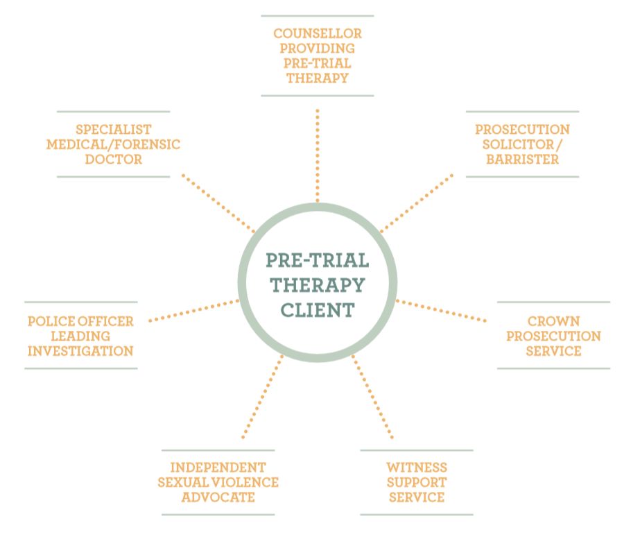Diagram showing Pre-trial therapy client in the centre, surrounded by Counsellor providing pre-trial therapy; Prosecution solicitor/barrister; Crown Prosecution Service; Witness support service; Independent sexual violence advocate; Police office leading investigation; Specialist medical/forensic doctor