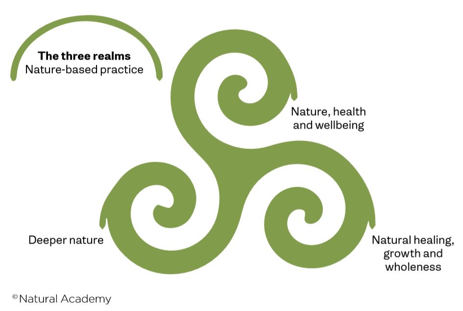 The three realms of nature-based practice - three spirals showing Nature, health and wellbeing, Natural healing growth and wholeness and Deeper nature